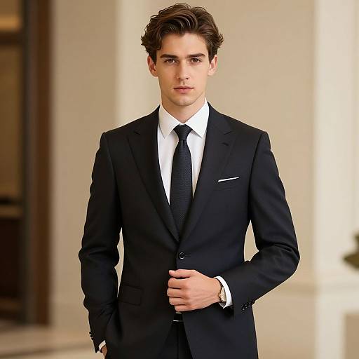Photograph of a young, handsome man with fair skin and brown hair, wearing a black suit, white shirt, and black tie, standing indoors against