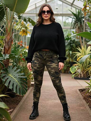 Photograph of a woman with wavy brown hair, black sweater, camouflage pants, black boots, and sunglasses, standing in a lush greenhouse.