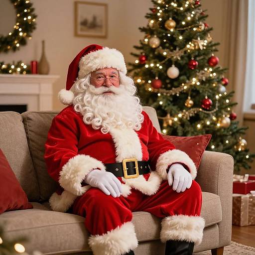 Photograph of Santa Claus in traditional red suit with white fur trim, black belt, and glasses, sitting on a beige couch in a warmly lit,