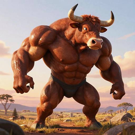 Surreal Muscular Bull in Fantasy Landscape