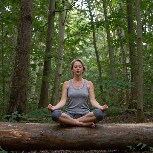 Photograph of a Caucasian woman with light brown hair, wearing a gray tank top and black capri pants, meditating in a forest, sitting cross