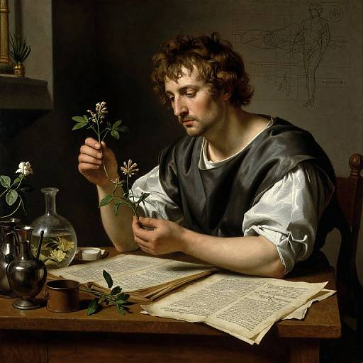 Photograph-style digital painting of a curly-haired, bearded man in Renaissance attire, intensely studying an open book while holding a flower. Dark, mo