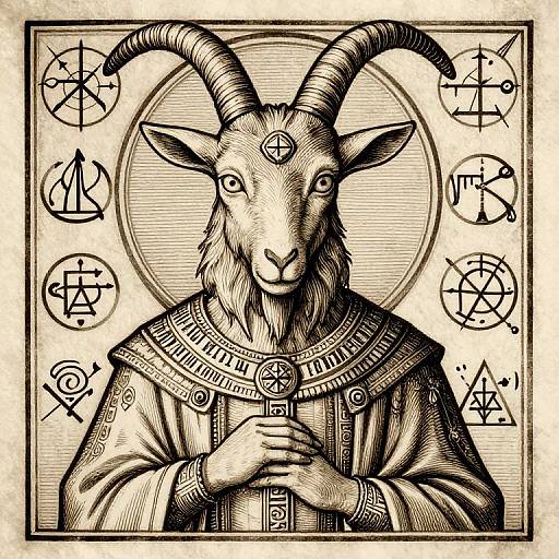 Black and white ink drawing of anthropomorphic goat with horns, wearing ornate robe, holding cross, surrounded by mystical symbols and circular patterns.