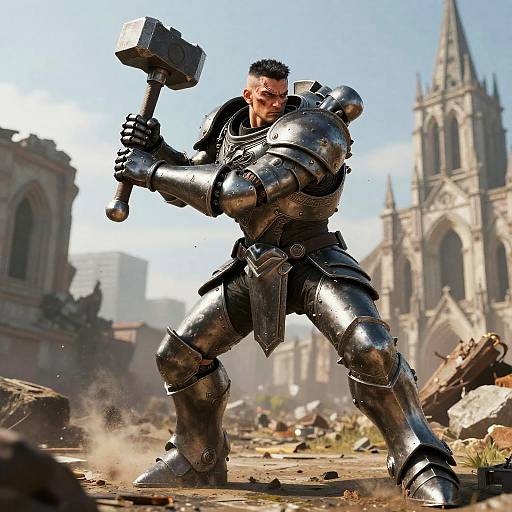 Digital artwork of a muscular, armored warrior with short black hair wielding a large hammer, standing in a sunlit, ruined cityscape with a gothic