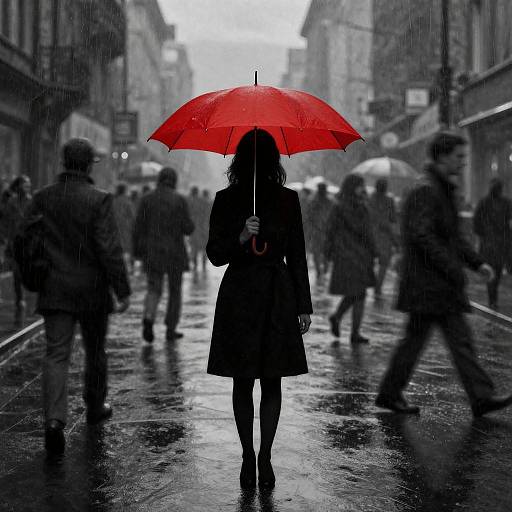 Photograph of a solitary woman in a black coat holding a vibrant red umbrella, standing in a rainy, blurred city street.