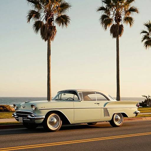 Vintage light blue car parked on coastal road with two tall palm trees and ocean horizon in the background at sunset.