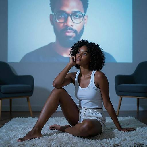 Serene Woman with Blue Light Projection