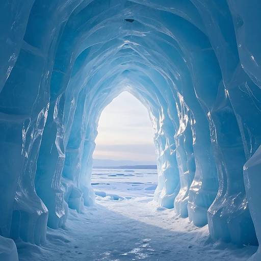 Photograph of a glowing blue ice cave with a bright white entrance, showcasing smooth, translucent ice walls and a snowy floor.