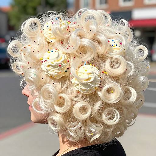 Photograph of a person with platinum blonde, curly, white hair adorned with colorful, swirled hairpins on a sunny street.