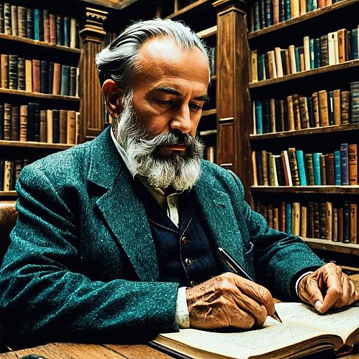 Elderly Man Writing in Ancient Library