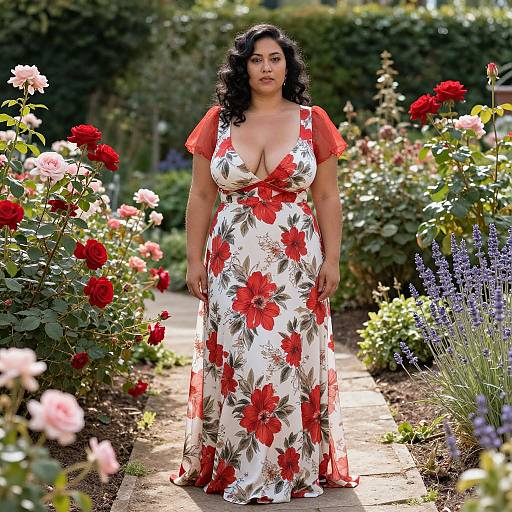 Photograph of a curvy woman with long black hair, wearing a low-cut, red floral dress, standing in a vibrant garden path with blooming