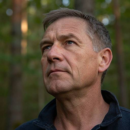 Photograph of a middle-aged man with short gray hair, slightly furrowed brow, and serious expression, wearing a black collar shirt, against a