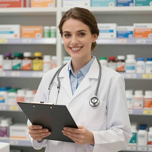 Smiling Female Pharmacist in Lab Coat