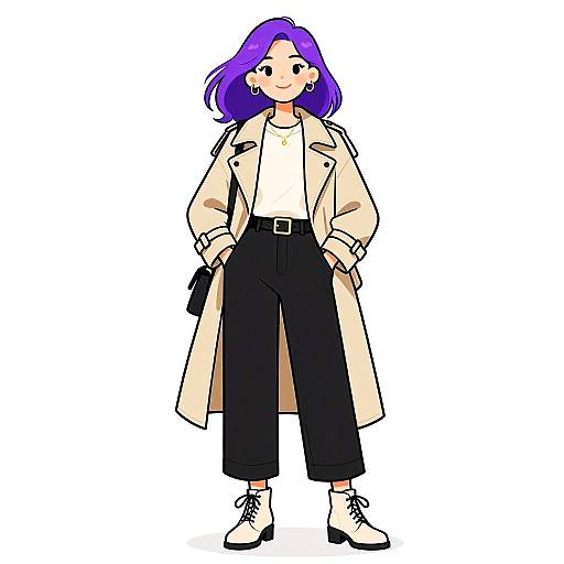 Digital drawing of a purple-haired woman in a cream coat, white shirt, black pants, and white boots, standing confidently.