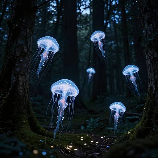 Photograph of glowing blue jellyfish floating in a dark, dense forest at night, with faint light specks on the forest floor.