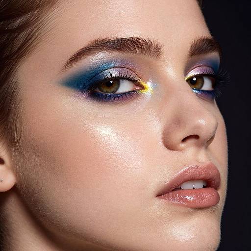 Close-up photograph of a fair-skinned woman with striking blue and yellow eyeshadow, glossy pink lips, and well-groomed eyebrows, g