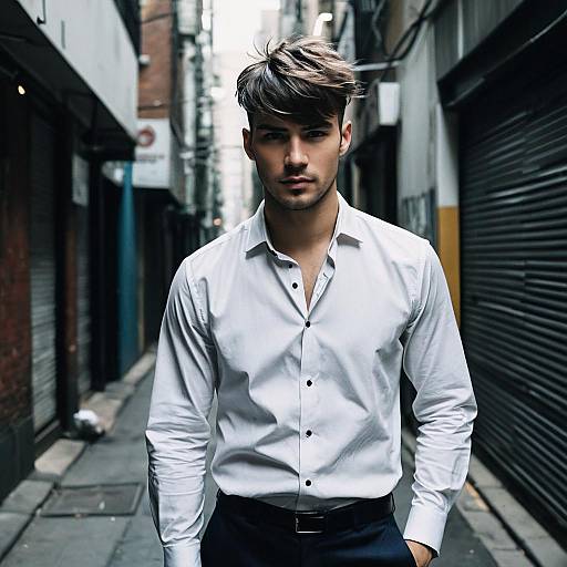 Man with Angular Fringe Hairstyle in Urban Alley