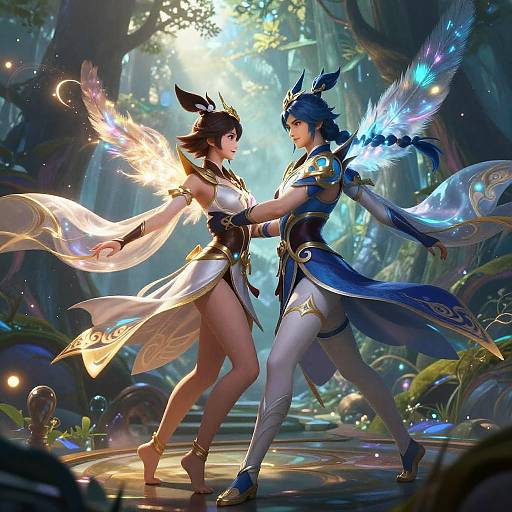 Digital fantasy art: Two female warriors with glowing wings, one with yellow feathers and the other with blue, face each other in a mystical forest, sunlight