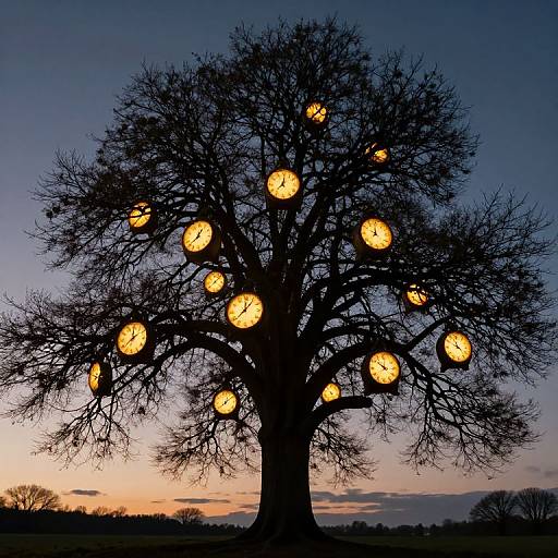 Photograph of a silhouetted, leafless tree with glowing yellow clock faces on branches against a twilight sky, blending orange and blue hues.