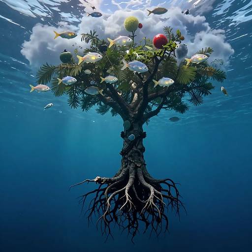 Photograph of an underwater tree with vibrant fish swimming among its green leaves and colorful fruits, illuminated by sunlight filtering through the blue water.