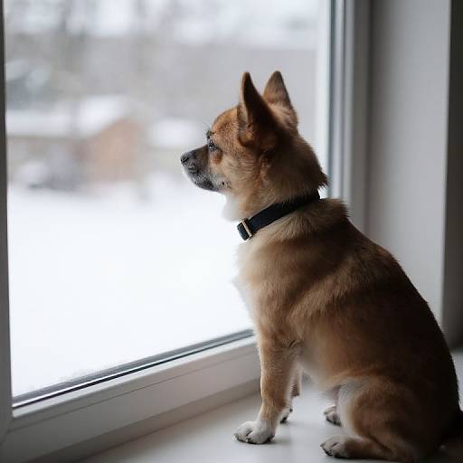 Photograph of a small, brown and white corgi with a black collar, sitting by a window, gazing outside on a snowy day.