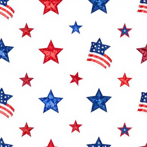 Digital illustration of red, blue, and star-spangled American stars on a white background. Stars vary in size, with some featuring red and white stripes