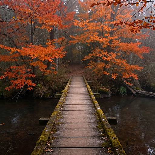 Photograph of a moss-covered wooden bridge leading through a forest, surrounded by vibrant orange autumn leaves, with a dark, reflective stream below.