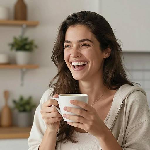 Joyful Woman Enjoying Coffee in Cozy Kitchen