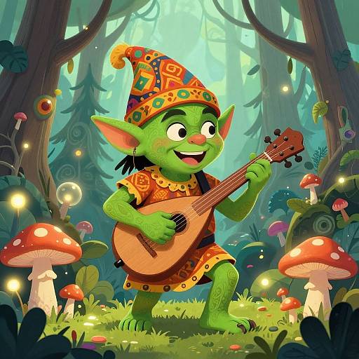 Colorful digital illustration of a green, happy goblin in a patterned hat and dress, playing a lute in a magical forest with glowing fire