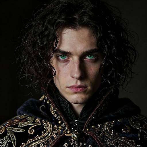 Photograph of a young man with curly black hair, piercing green eyes, and serious expression, wearing an ornate black and gold embroidered jacket. Dark