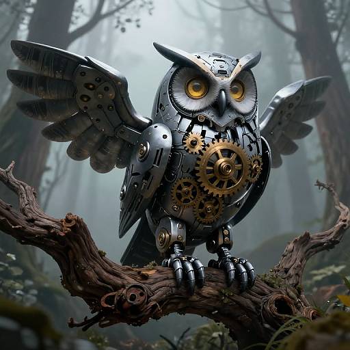 Steampunk owl with metallic wings and gears perched on a twisted tree branch in a foggy forest. Digital art.