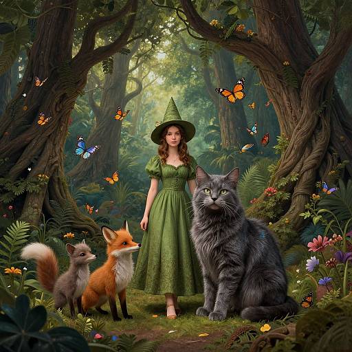 Digital fantasy illustration: Fairy in green dress and hat stands between a gray cat and two foxes, surrounded by colorful butterflies in a lush, enchanted forest