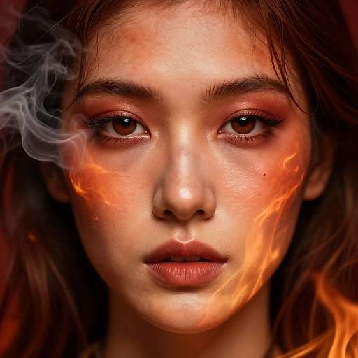 Digital portrait of a young woman with intense, fiery orange and red smoke on her face, dark eyes, and brown hair, against a dark background,