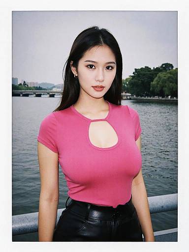Photograph of an Asian woman with long black hair, wearing a pink t-shirt with a keyhole cutout and black leather pants, standing by a