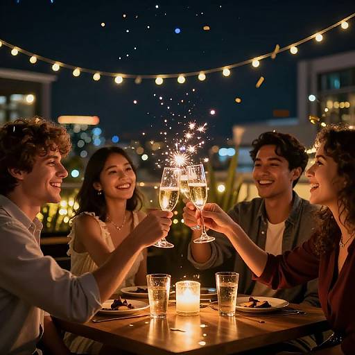 Photograph of four laughing friends, two men and two women, toasting with sparkling champagne glasses under string lights at night.