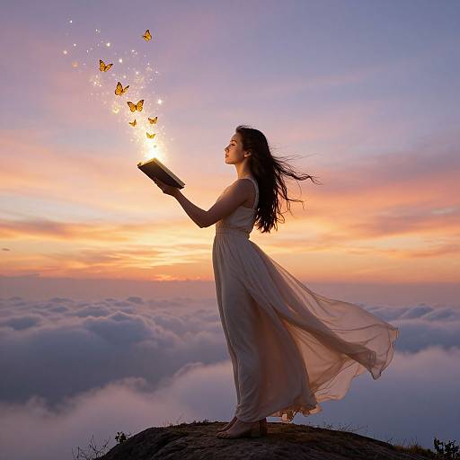Photograph of a woman with long hair in a flowing dress, standing on a hilltop, casting a spell that summons glowing butterflies against a vibrant sunset