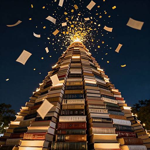 Photograph of a towering stack of illuminated books with glowing yellow sparks and flying papers against a dark night sky.