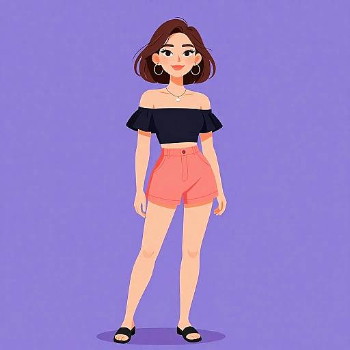 Digital drawing of a smiling woman with fair skin, brown bob haircut, wearing a black off-shoulder top, coral high-waisted shorts,