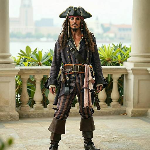 Realistic Male Pirate in Period Costume on Terrace