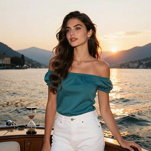 Photograph of a beautiful woman with long, wavy dark hair, wearing an off-shoulder teal top and white pants, standing on a boat