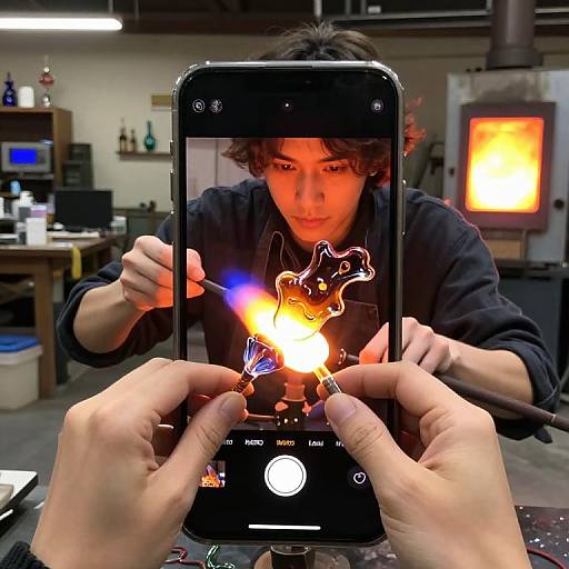 Photograph of a man with wavy hair, in a black hoodie, holding a smartphone capturing a bright flame with his hands. Indoor workshop background with
