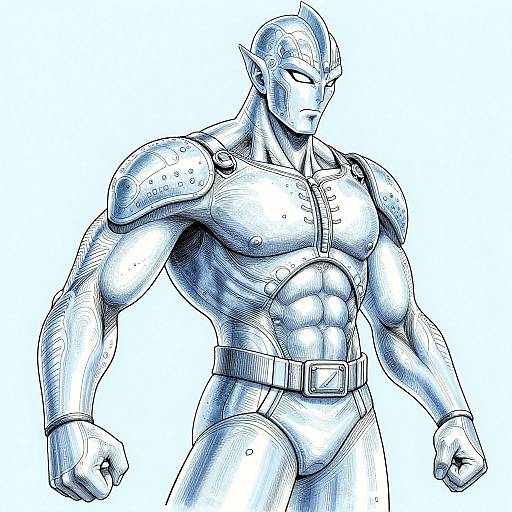 Blue-toned, muscular superhero in detailed, comic-style drawing. Wears helmet, armored chest, and tight briefs with belt. Fists clen