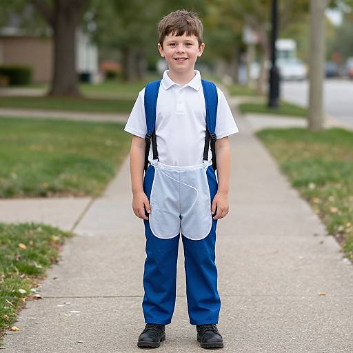 Photograph of a smiling young boy in a white shirt, blue suspenders, and matching blue pants, standing on a suburban sidewalk.