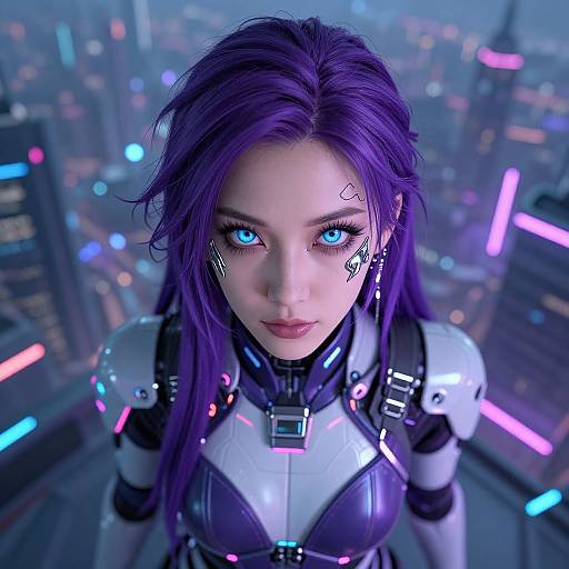 CGI image of a purple-haired woman with glowing blue eyes, cybernetic enhancements, and neon-lit futuristic cityscape in the background.