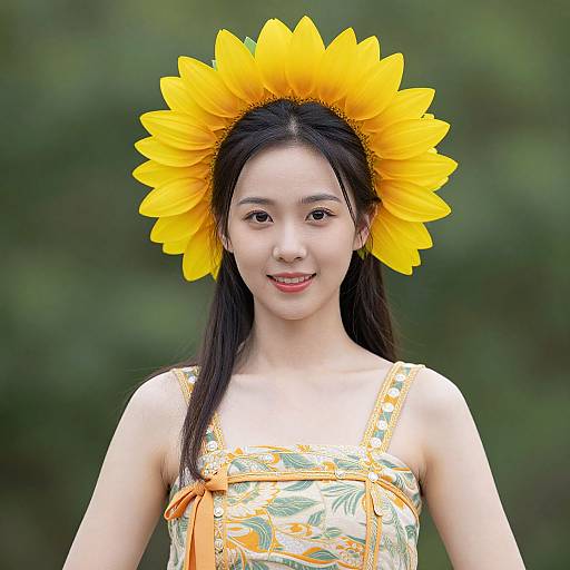 Photograph of an Asian woman with long black hair, wearing a yellow sunflower headband, and a floral dress, smiling against a blurred green background