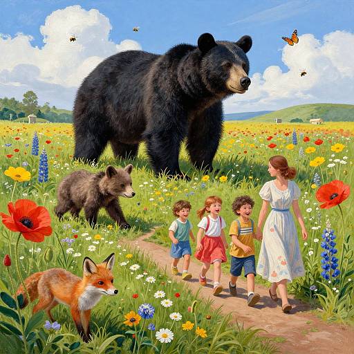 Vibrant Wildflower Meadow with Bears and Children