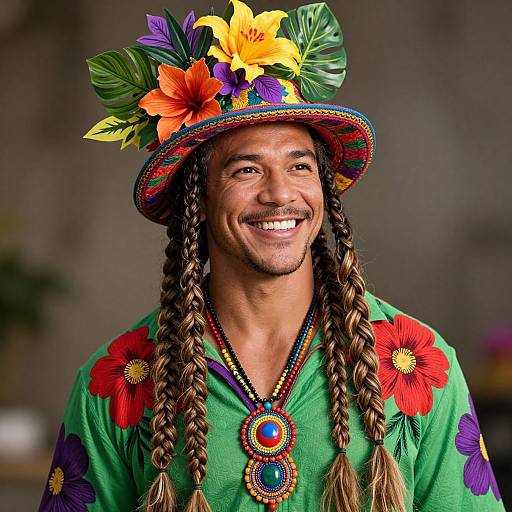 Photograph of a smiling man with tan skin, long braids, wearing a colorful floral hat, green shirt with red and purple flowers, and a