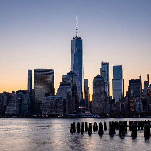 Photograph of New York City skyline at dusk, featuring One World Trade Center, silhouetted against a gradient sky, with wooden piers in
