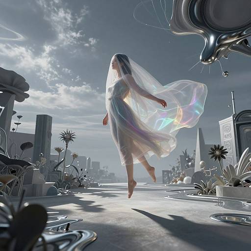 Digital art: Ethereal woman with translucent dress and long hair floats in a surreal, sunlit, futuristic cityscape, surrounded by abstract flowers.