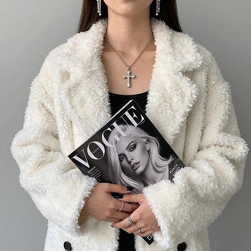 Woman Holding Vogue Magazine in White Fluffy Coat